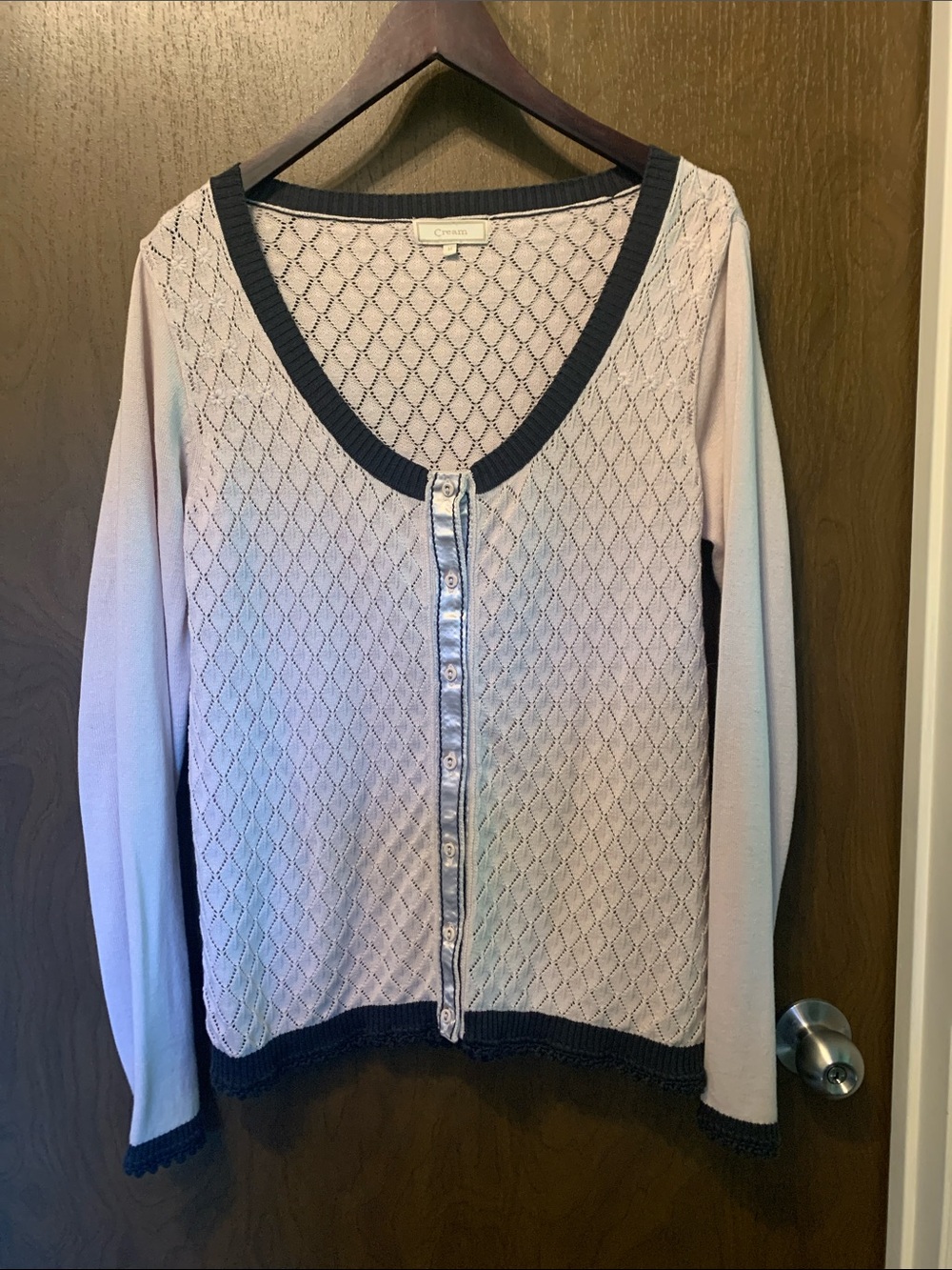 Crescent Light Pink Lace-Knit Cardigan with Black Trim